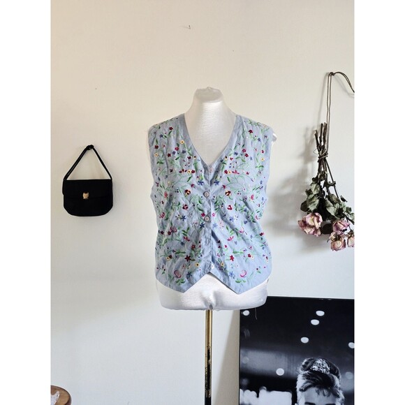Unbranded Jackets & Blazers - For Her Vintage 80s 1980s Blue Cambray Floral Embroidered Vest L